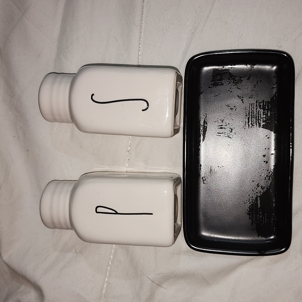 Rae Dunn Salt and Pepper shakers with mini tray